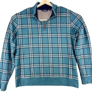Lands End Sweater Mens Medium Teal Blue Plaid Quarter Zip Pullover 100% Cotton